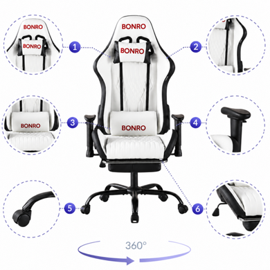 Игровое кресло Bonro 1002G-1 с подставкой для ног, белое 7001205 фото