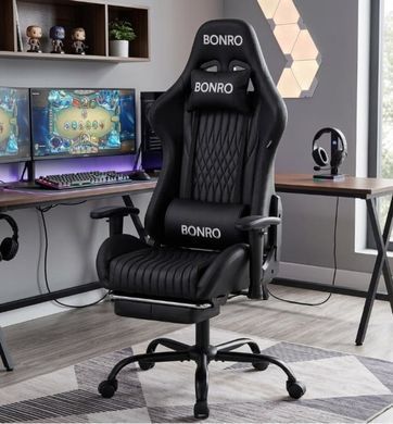 Геймерское кресло Bonro 1002G-1 с подставкой для ног, черное 7001209 фото