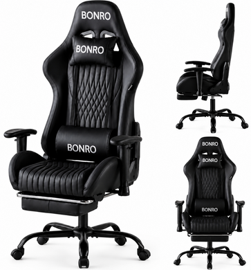 Геймерское кресло Bonro 1002G-1 с подставкой для ног, черное 7001209 фото