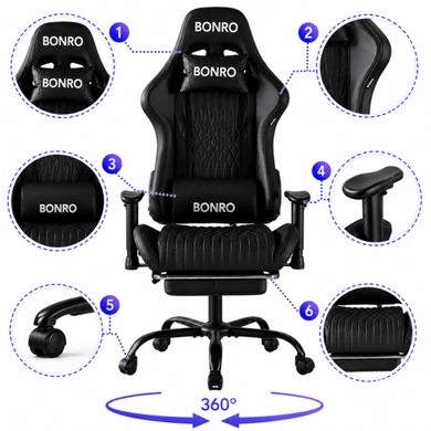 Геймерское кресло Bonro 1002G-1 с подставкой для ног, черное 7001209 фото