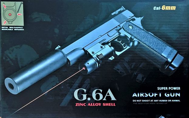 G6A Страйкбольний пістолет Galaxy Colt M1911 Hi-Capa з глушником та прицілом метал чорний 20500115 фото